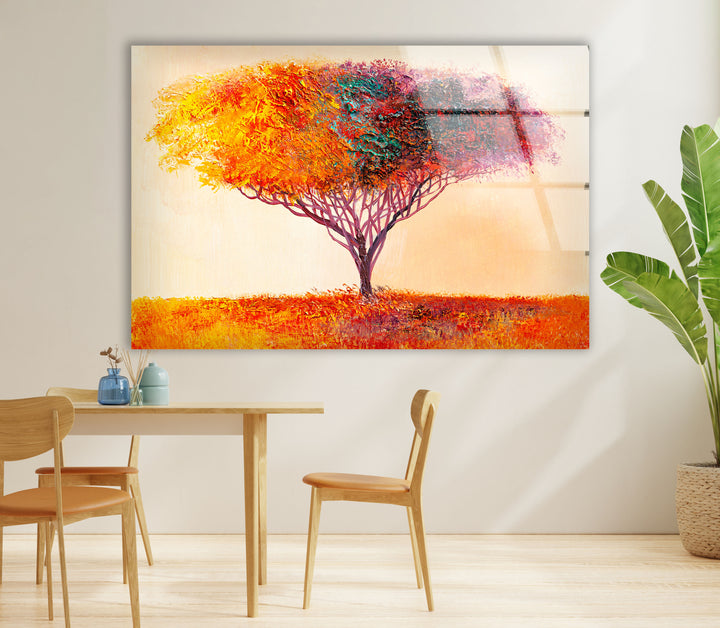 Farbenfrohe Baum-Wandkunst – Lebendiger abstrakter Naturdruck auf Glas 