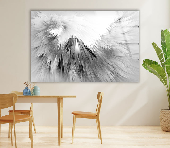 Schwarz-weiße abstrakte Wandkunst – Glasdruck mit Federtextur 