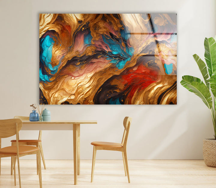 Fiery Gold & Teal Abstract Wall Art – Fluid Ink Design for Interiors
