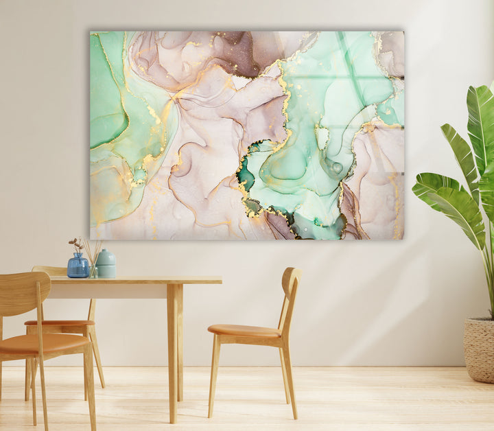 Mint & Gold Marble Wall Art – Pastel Abstract Glass Print Decor