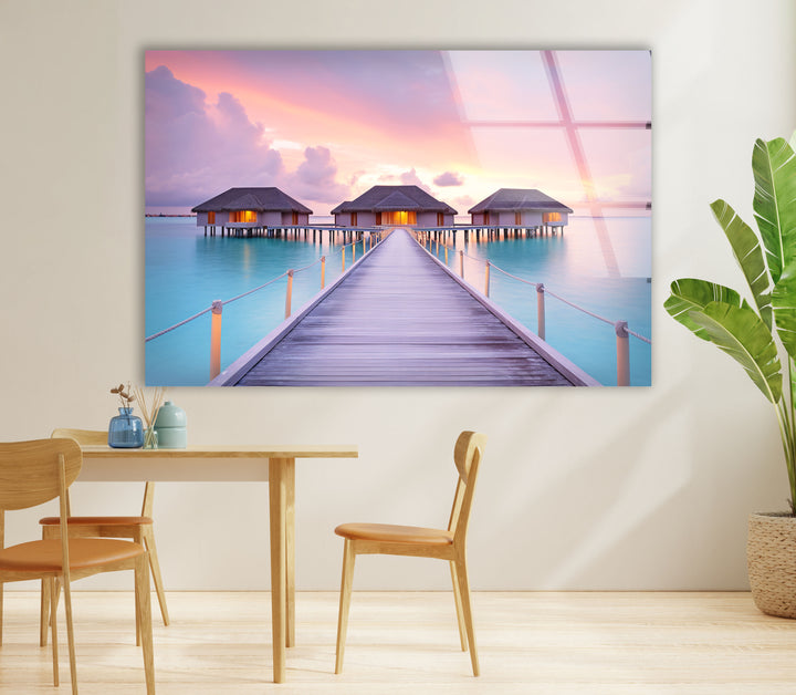 Wandkunst „Überwasserbungalows“ – Glasdruckdekor „Tropischer Sonnenuntergang“ 