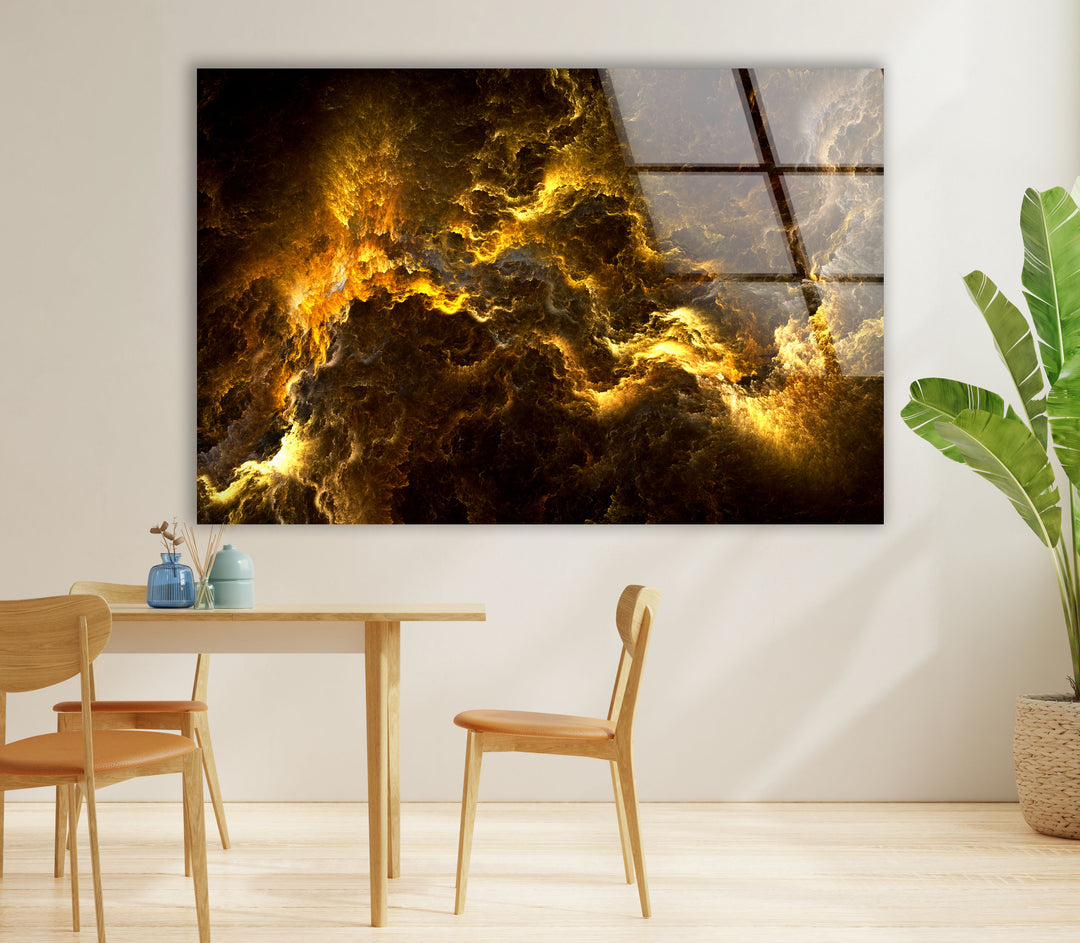 Golden Storm Nebula Wandkunst – Abstrakter kosmischer Glasdruck 