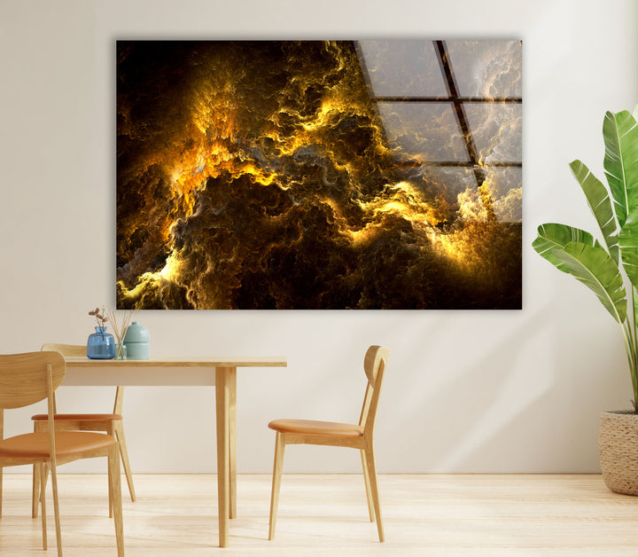 Golden Storm Nebula Wandkunst – Abstrakter kosmischer Glasdruck 