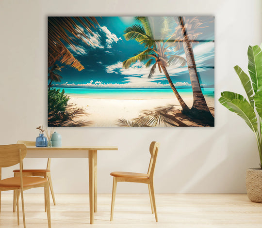 Azure, white, and tan hues highlight this tropical beach wall art, a decorative wall art piece showcasing an island scene printed on glass for vibrant home decor.