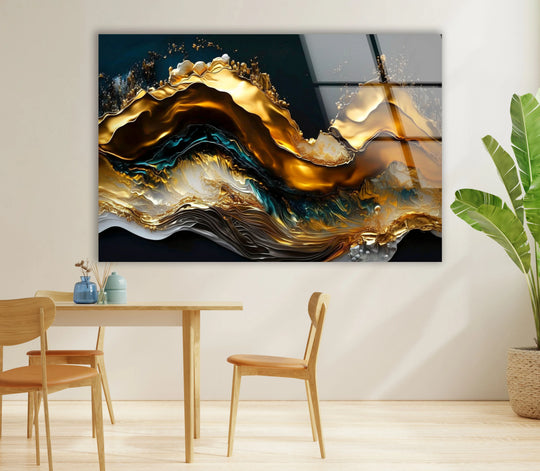 Abstract art from glass depicts golden waves frozen in stillness against a dark, deep backdrop.