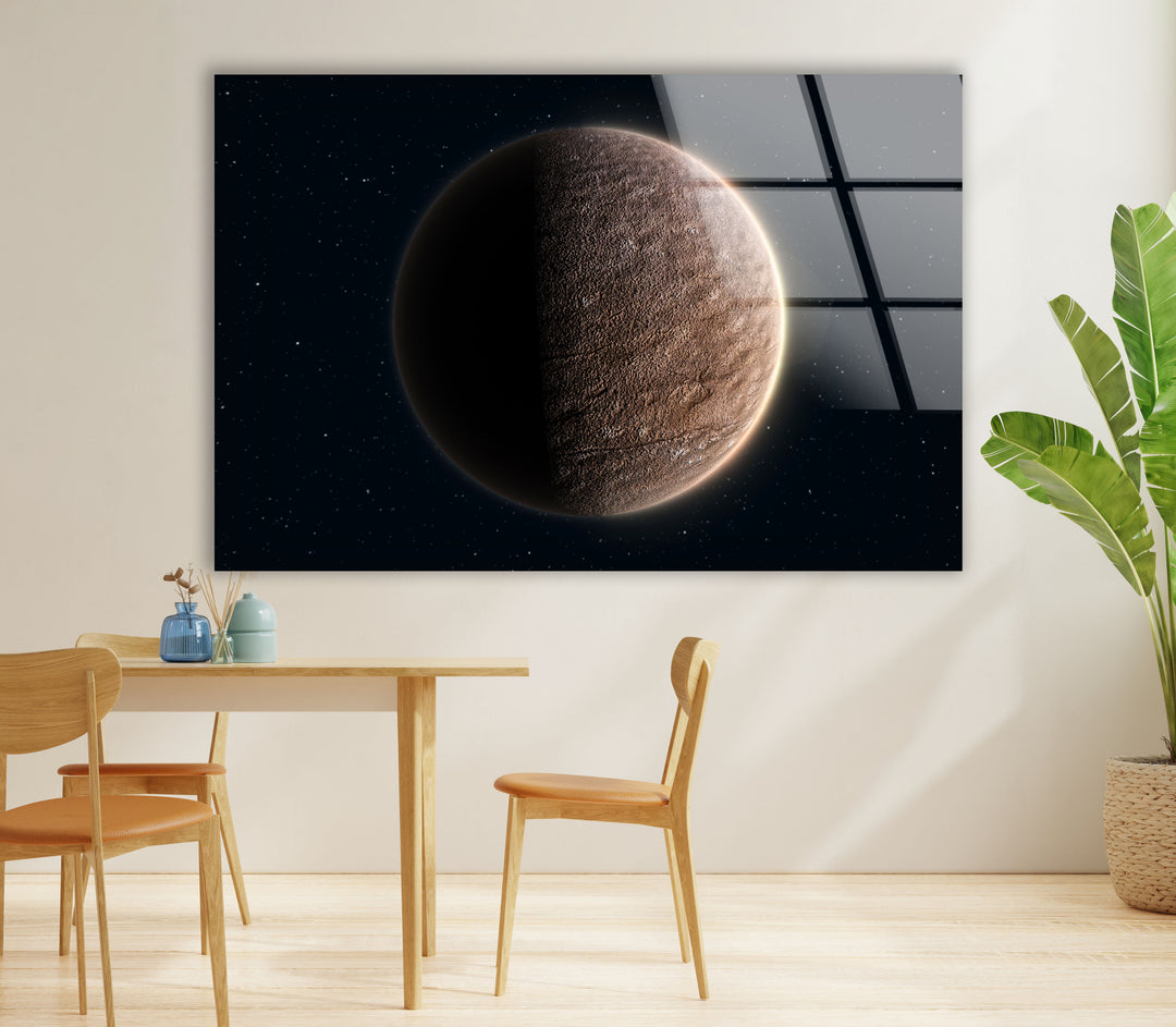 Wandkunst auf der Mondoberfläche – Minimalistischer Weltraum-Glasdruck 