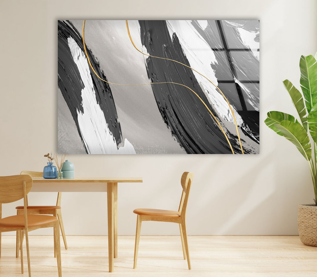 Monochrome Gold Abstract Wall Art – Glass Print for Modern Interiors