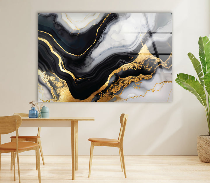 Schwarz-Gold-Marmor-Wandkunst – Luxuriöses abstraktes Glasdruck-Dekor 