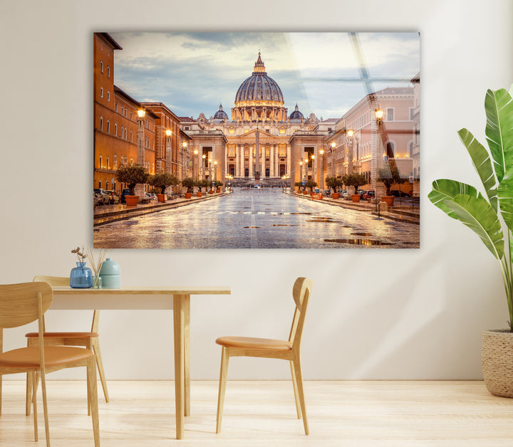 Glaswandkunst Vatikanstadt – Majestätischer Blick auf den Petersdom in der Abenddämmerung