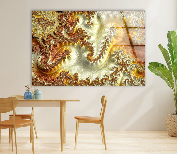 Goldene fraktale Wirbel Wandkunst – Abstrakter Spiralglasdruck 