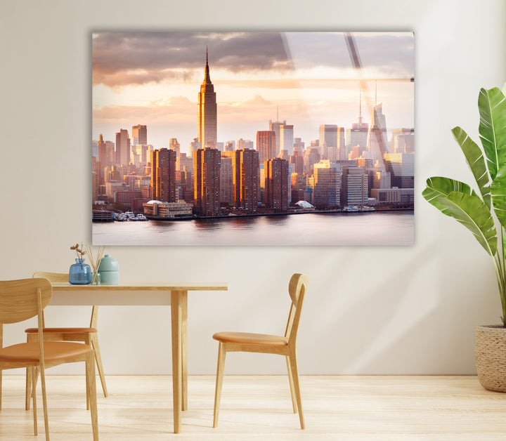Glaswandkunst des Empire State Buildings – Atemberaubende Skyline von NYC bei Sonnenuntergang