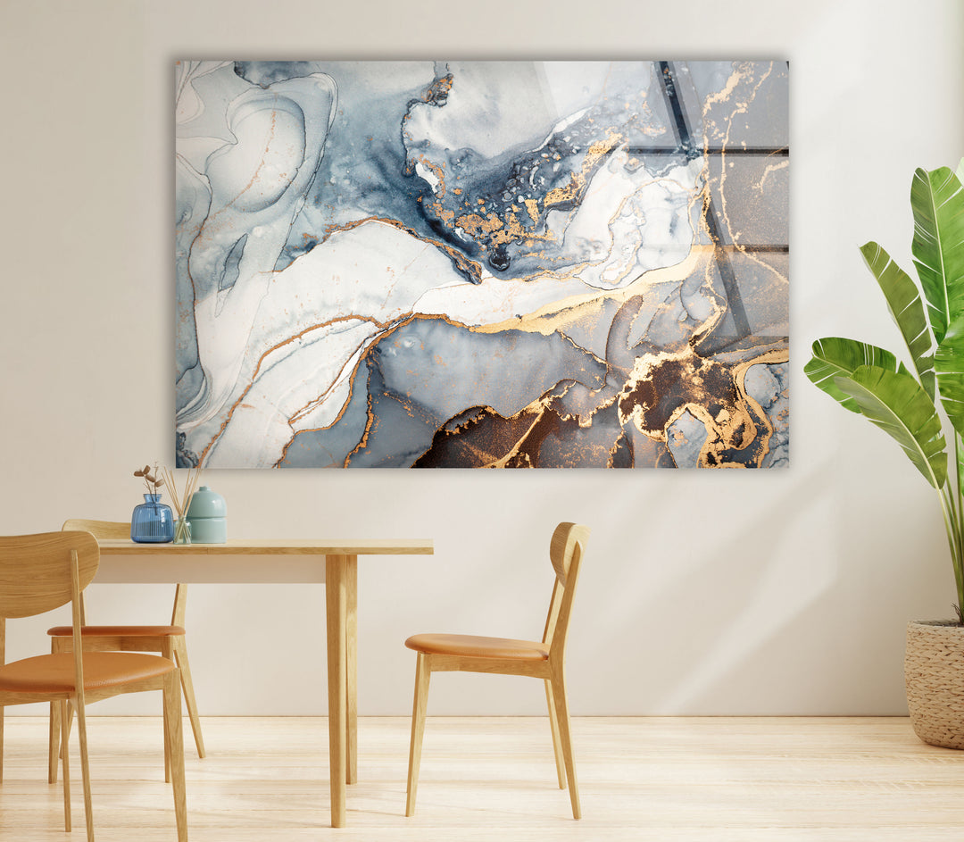 Luxury Blue & Gold Marble Wall Art – Elegant Abstract Glass Print