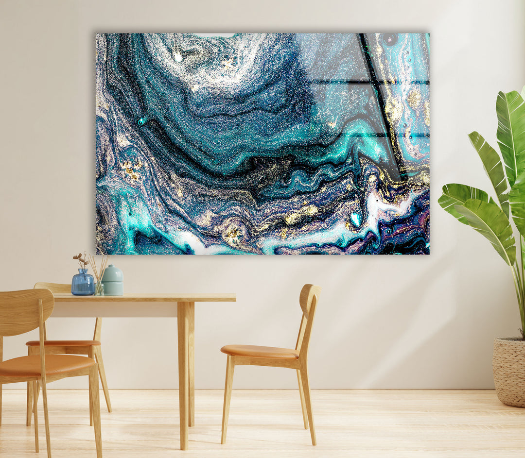 Galaxy Marble Wall Art | Teal Gold Abstract Glass Print for Walls