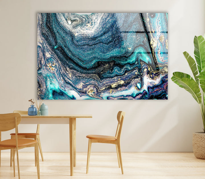 Galaxy Marble Wall Art | Teal Gold Abstract Glass Print for Walls