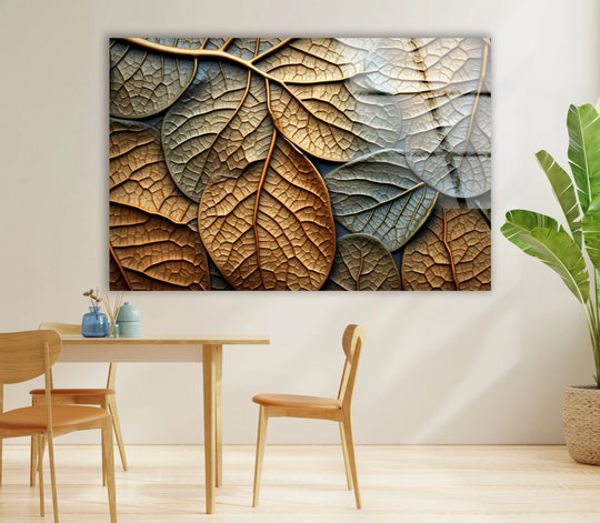 Neutral negative space surrounds a textured glass decor of golden autumn leaves, accentuating the depth and details in this hanging wall art.