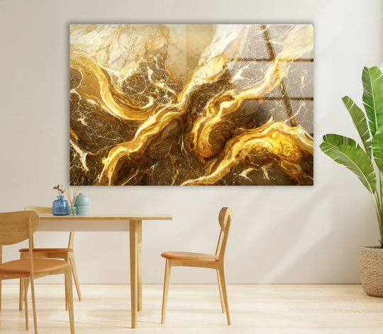 A golden marble abstract glass print with warm color temperature and intricate swirling patterns.