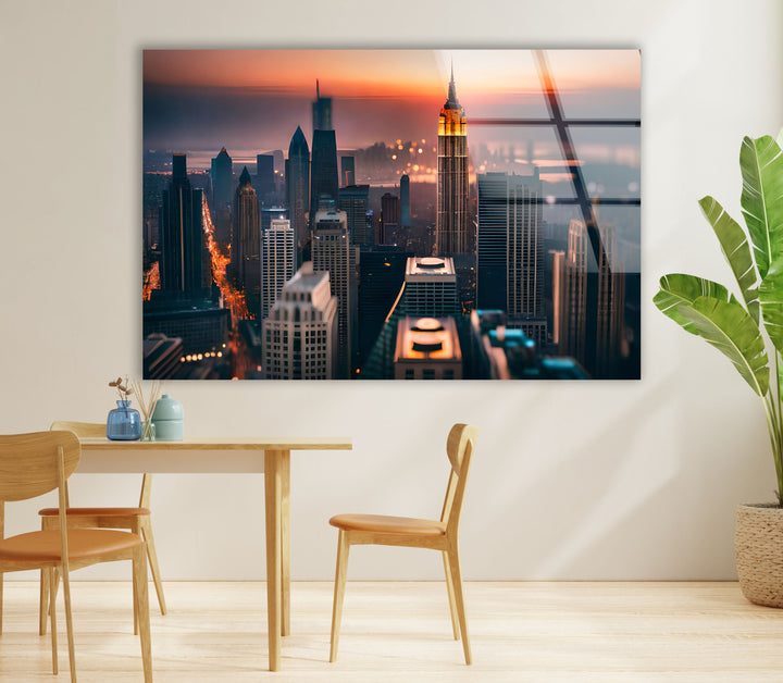 Empire State Building Wandkunst – NYC Skyline bei Sonnenuntergang Glasdruck 