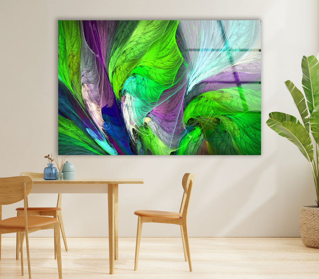Grün &amp; Lila Abstrakte Wandkunst – Fraktale Feder Glasdruck 