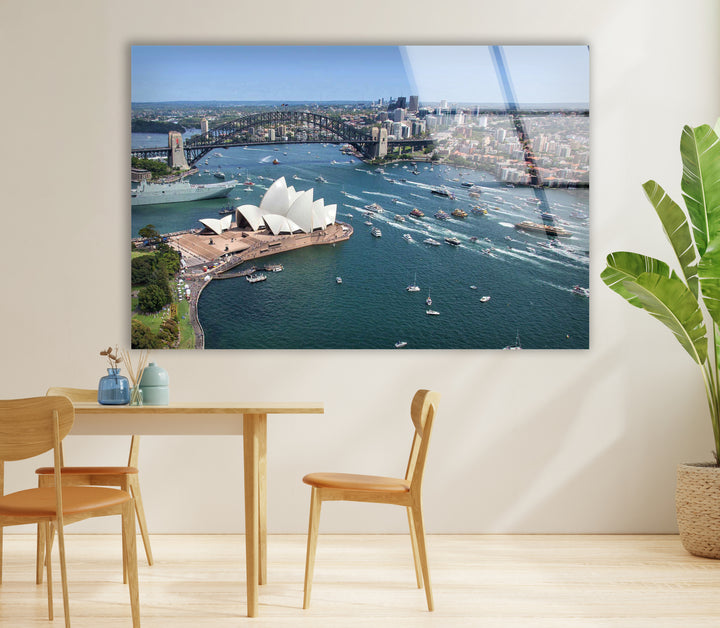 Glaswandkunst des Sydney Opera House – Ikonischer Blick auf Australiens Wahrzeichen und die Harbour Bridge