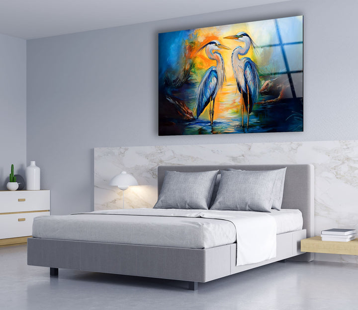 Sonnenuntergangsserenade – Romantisches Reiherpaar-Wandbild aus Glas