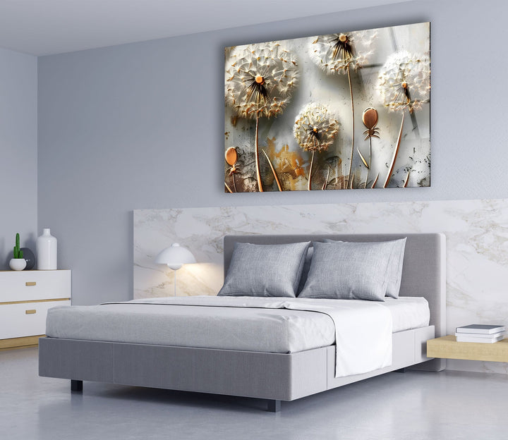 White Vivid Dandelions Glass Wall Art print picture on glass, Tempered Glass Wall Art
