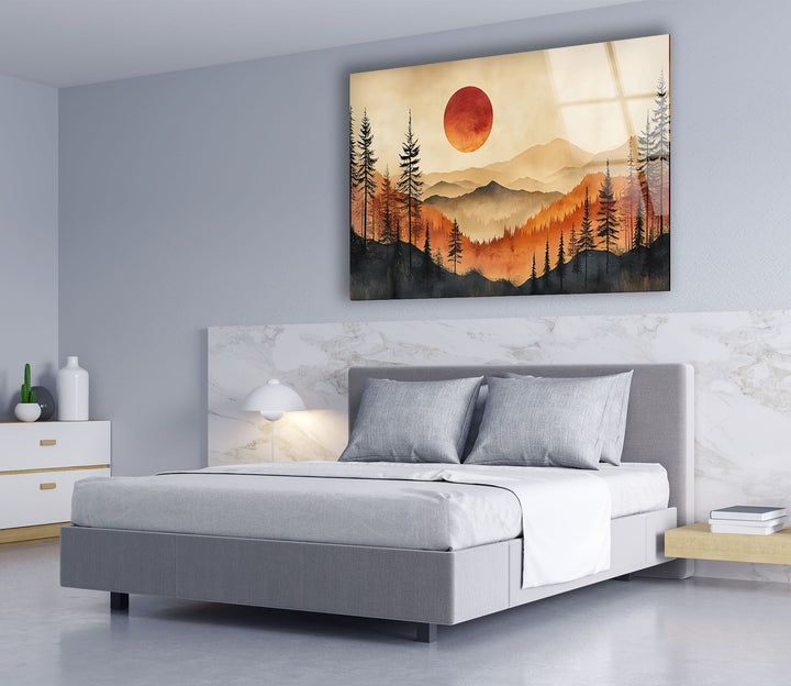 Serene Sunset Over Mountains – A Stunning Glass Wall Art for Your Home
