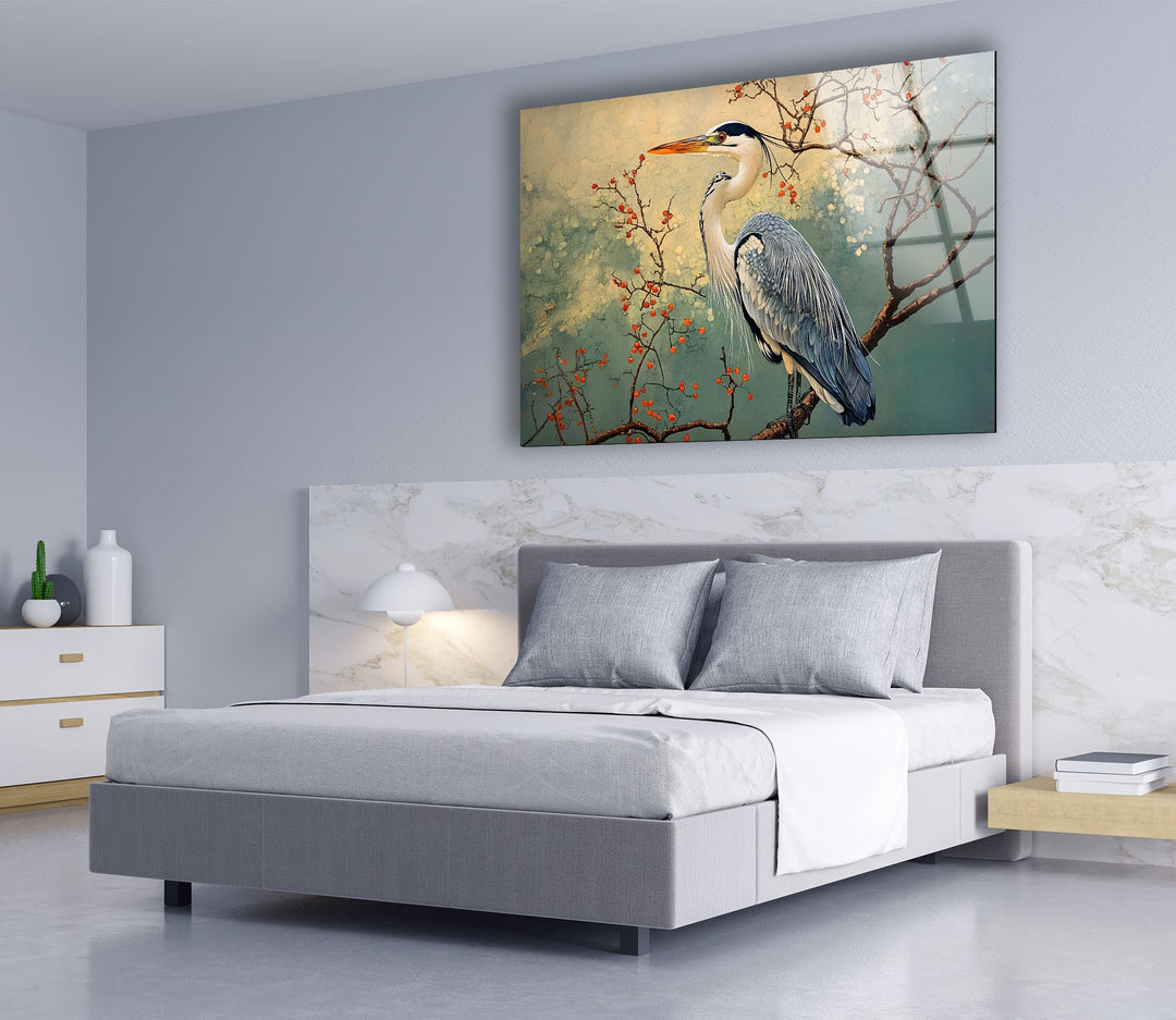 Blühende Gelassenheit – Reiher unter Blüten – Glaswandkunst