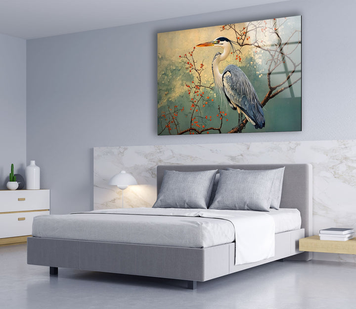 Blühende Gelassenheit – Reiher unter Blüten – Glaswandkunst
