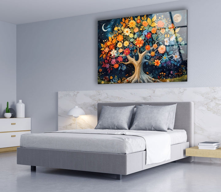 Colored Flower Tree Night Glass Wall Art glass photo prints, glass picture prints
