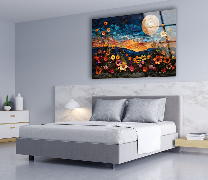 Oil Art Night Sunset & Flowers Glass Wall Art print picture on glass, Tempered Glass Wall Art

