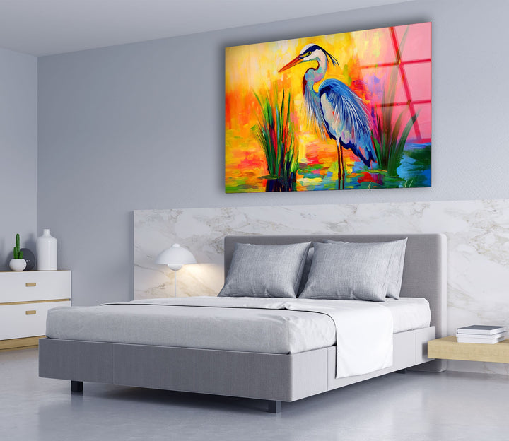 Lebendiger Reiher – Abstrakte Farbspritzer-Glaswandkunst