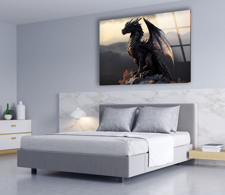 Graceful dragon perched on a rocky outcrop, its presence commanding the peaceful surroundings.
