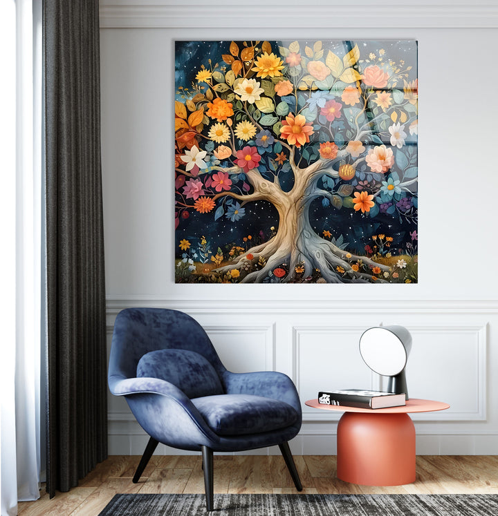 Colored Flower Tree Night Glass Wall Art custom glass photo prints, large glass prints
