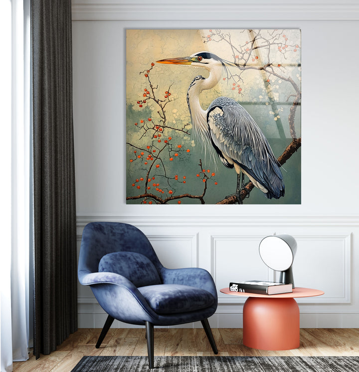 Blühende Gelassenheit – Reiher unter Blüten – Glaswandkunst