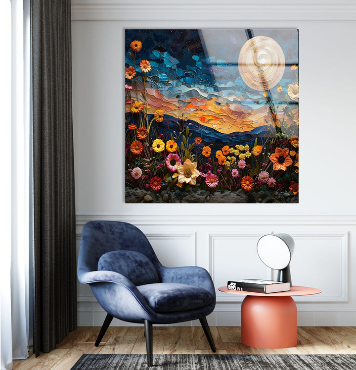 Oil Art Night Sunset & Flowers Glass Wall Art glass photo prints, glass picture prints
