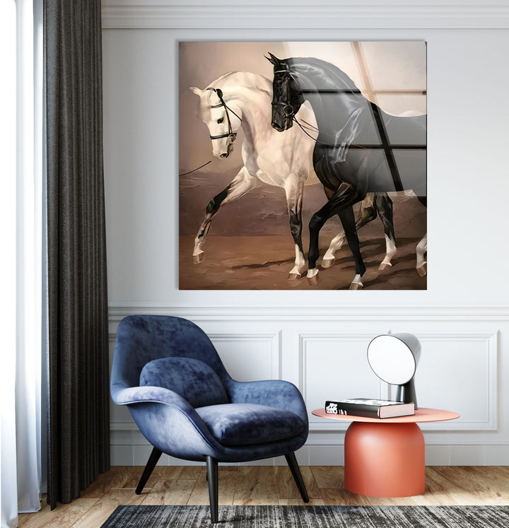 Horses Black & White Glass Wall Art custom glass pictures, glass art prints
