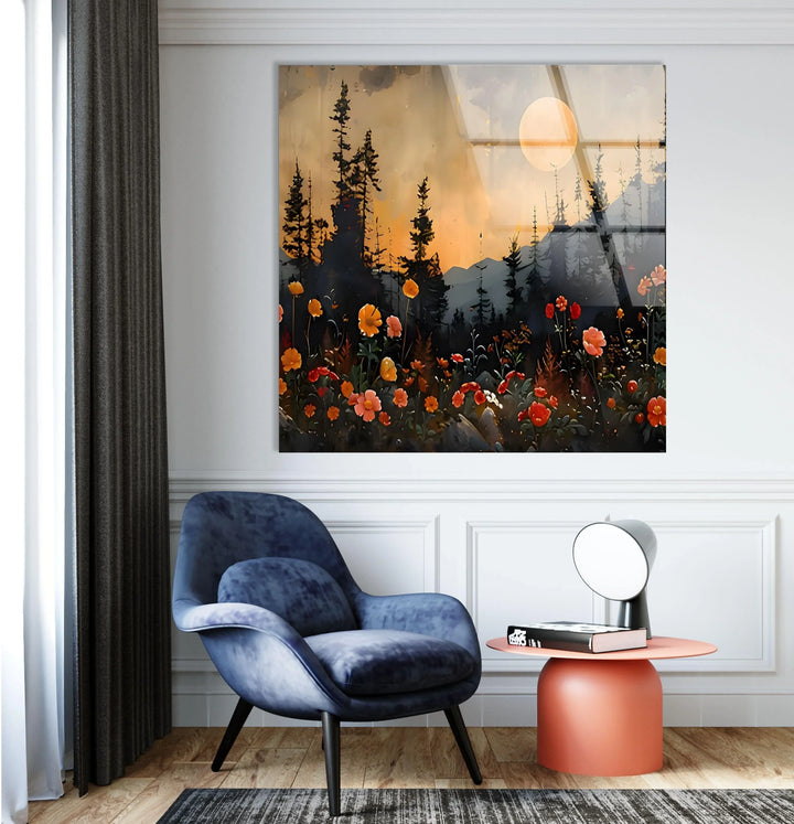 Full Moon & Flowers Glass Wall Art photo print on glass, prints on glass wall art
