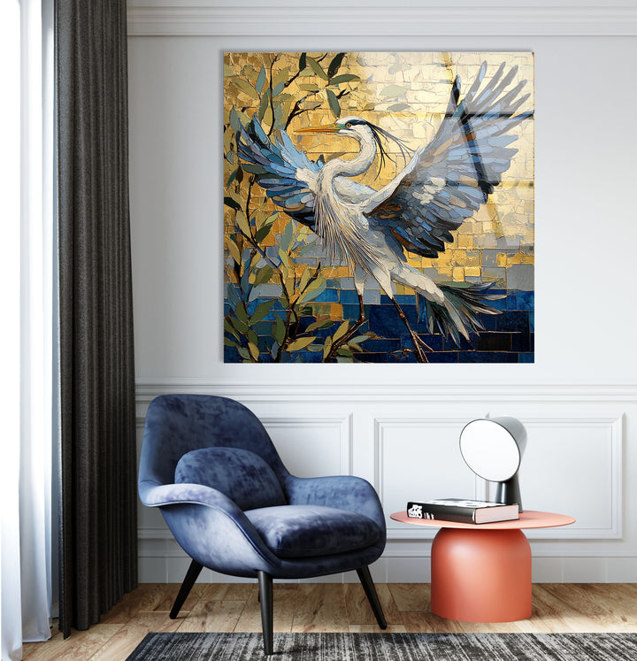 Golden Ascent – ​​Reiher im Flug – Glaswandkunst