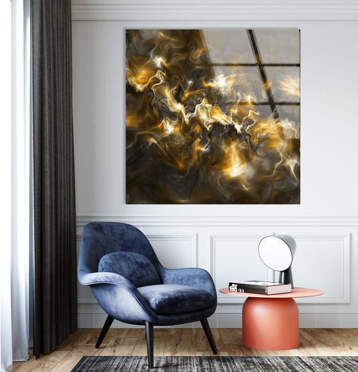 Golden Energy Wall Art – Abstract Marble Glass Print for Interiors