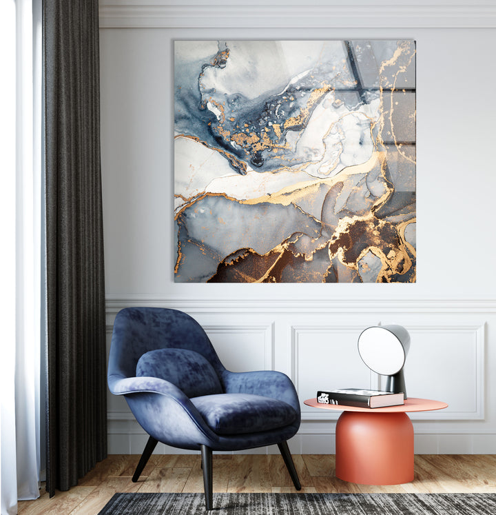 Luxury Blue & Gold Marble Wall Art – Elegant Abstract Glass Print