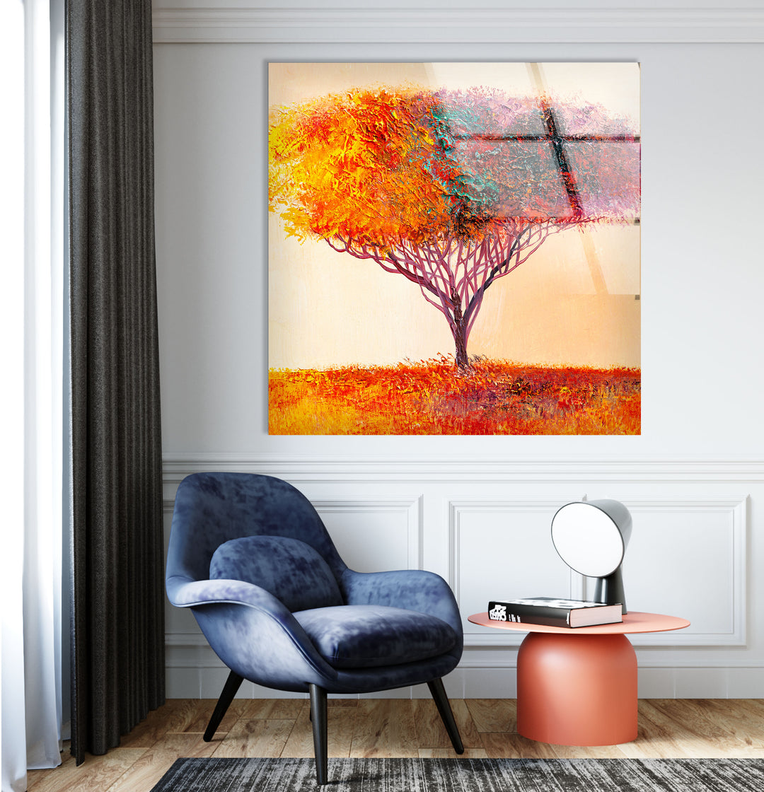 Farbenfrohe Baum-Wandkunst – Lebendiger abstrakter Naturdruck auf Glas 