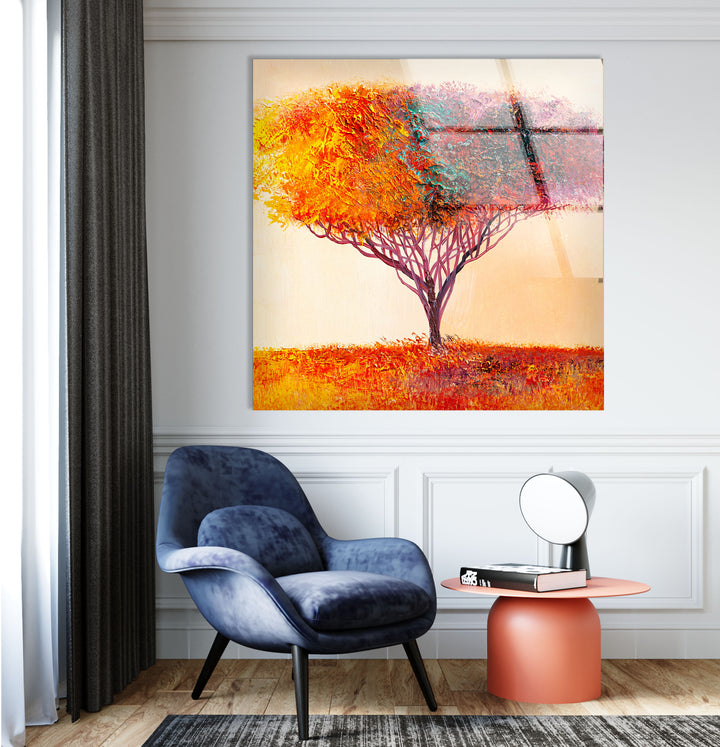 Farbenfrohe Baum-Wandkunst – Lebendiger abstrakter Naturdruck auf Glas 