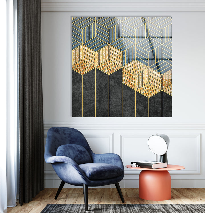 Goldene geometrische Wandkunst – Moderner Glasdruck mit Blau- und Schwarztönen 