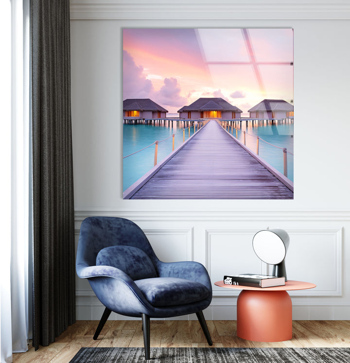 Wandkunst „Überwasserbungalows“ – Glasdruckdekor „Tropischer Sonnenuntergang“ 