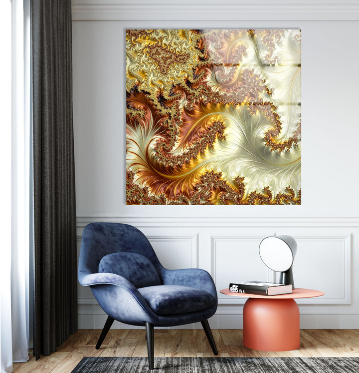 Goldene fraktale Wirbel Wandkunst – Abstrakter Spiralglasdruck 