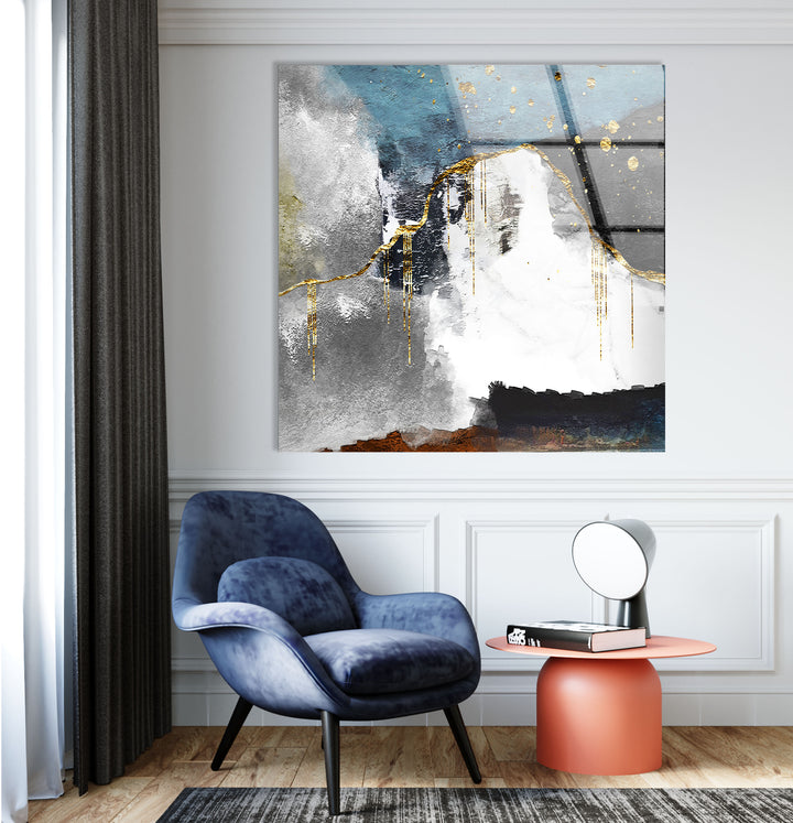Abstract Mountain Wall Art – Blue, Gold & Neutral Glass Print Decor
