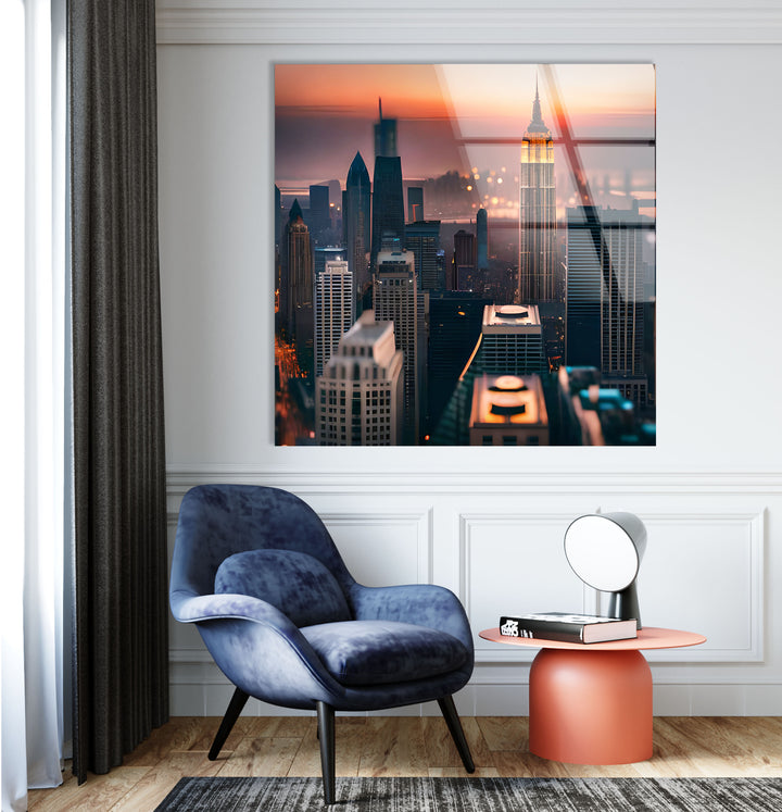Empire State Building Wandkunst – NYC Skyline bei Sonnenuntergang Glasdruck 