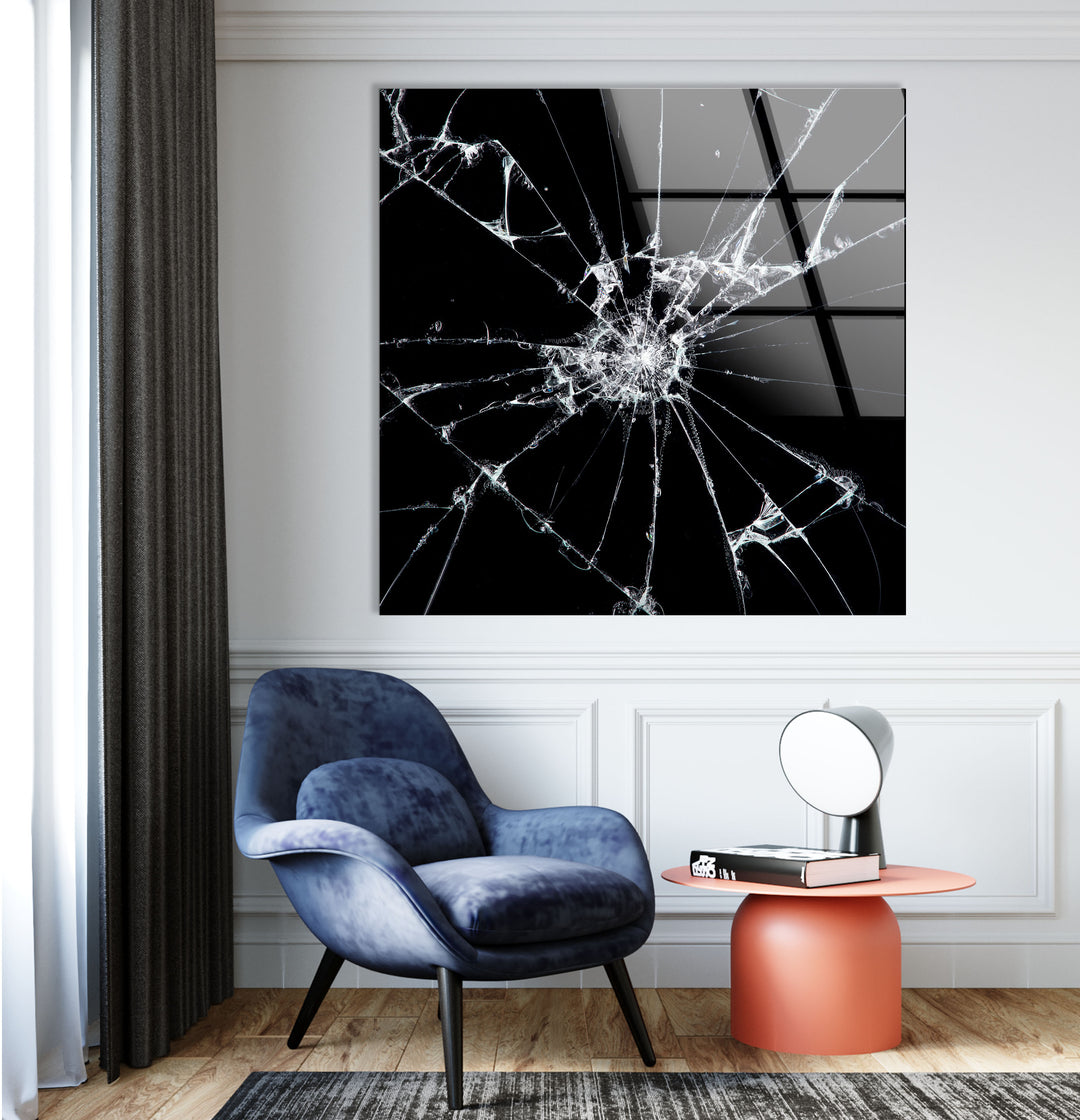 Wandkunst aus zerbrochenem Glas – Moderner abstrakter Druck in Schwarzweiß 