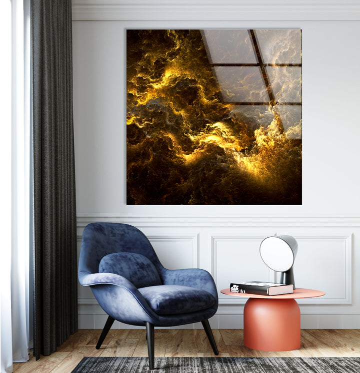 Golden Storm Nebula Wandkunst – Abstrakter kosmischer Glasdruck 