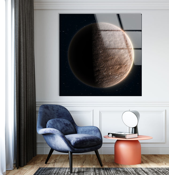 Wandkunst auf der Mondoberfläche – Minimalistischer Weltraum-Glasdruck 